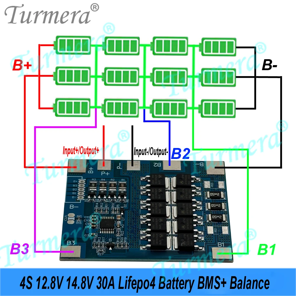 Turmera 4S 12.8V 14.8V 30A Lifepo4 بطارية BMS مع توازن لتقوم بها بنفسك 12V 18650 32700 33140 LFP خلية لوحة طاقة شمسية UPS بطاريات استخدام