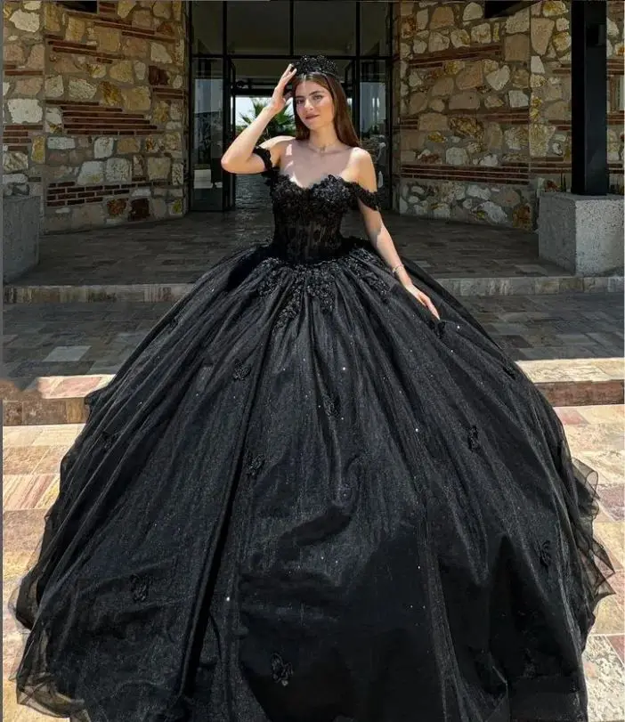 Noble Princess Ball Gowns Quinceanera Dresses Cathedral Train Black Strapless Poncho 3D Floral Boned Corset xv year old dress