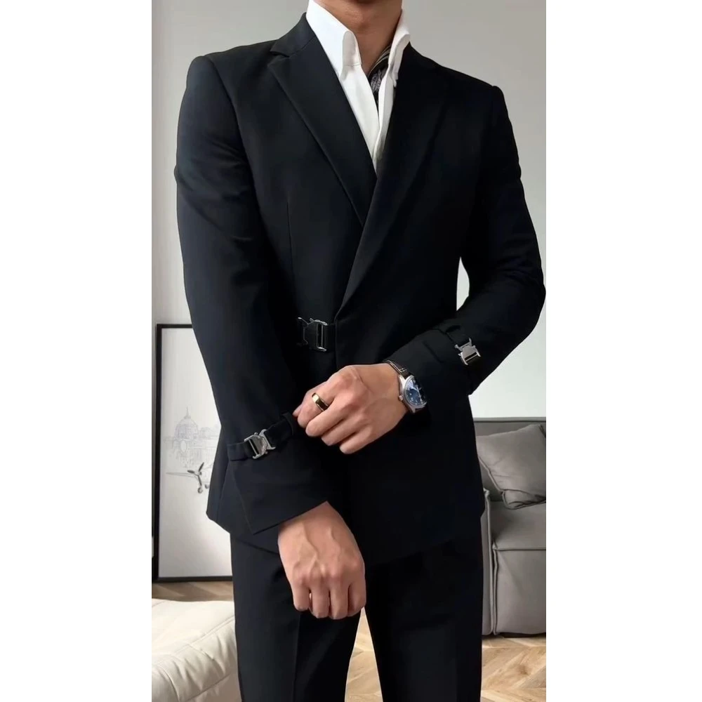 Buckle Design Black Men's Suits Formal Business Prom Blazer Classic Slim Fit 2-Piece Set Jacket Pants Wedding Groomsman Tuxedos