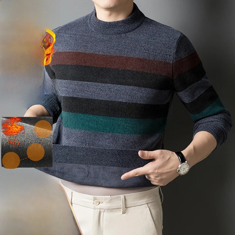 Men's Winter Thiened Fce f-High Collar Knitted Sweater Casual Stripe Faionable Base irt Soft Warm Long Sve