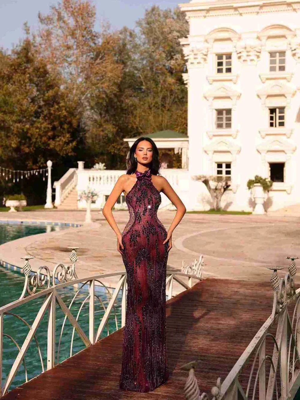 Chic Burgundy Halter Sequined Cocktail Gown Sparkly Evening Formal Sexy Bodycon Dress Elegant Prom Party Special Occasion Wear