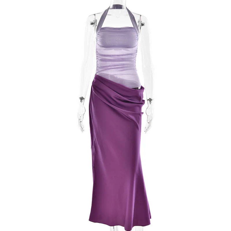 유럽 및 미국 스타일 여성 패션 백리스 홀터넥 민소매 새틴 바디콘 롱 드레스