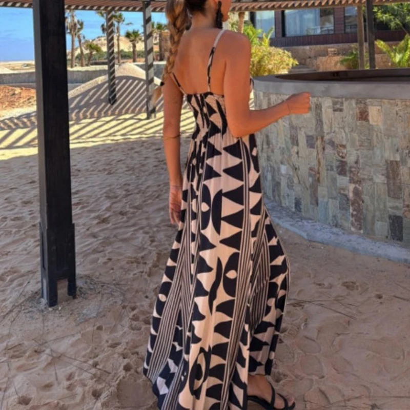 BKLD Vintage Print V Neck Sleeveless Backless High Waist Vacation Fancy Boho Maxi Strap Dress 2025 Summer Seaside Big Swing Robe