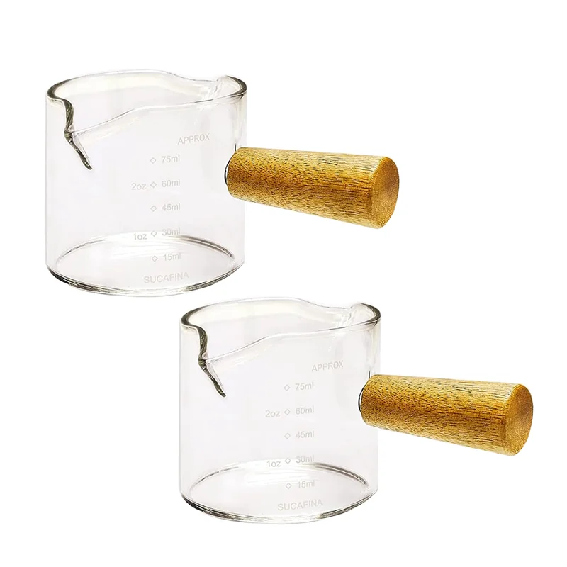 F-3C 2Pcs Double Spouts Espresso Shot Glasses Measuring Glass Espresso Cups Cookware with Wood Handle for Milk Coffee, 75 Ml