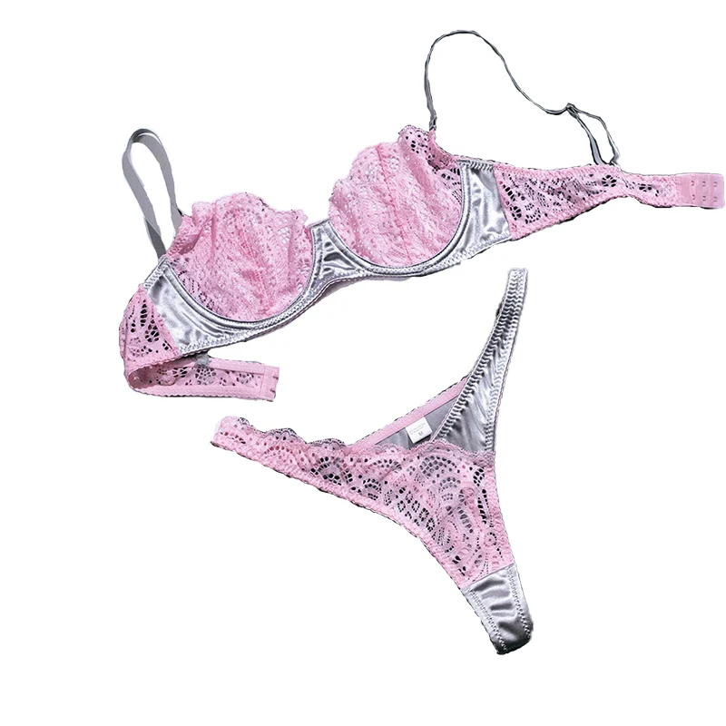 French Sexy Lingerie Gathered Sensual Lightweight Mesh Stitching Bra and Thong Outfits Contrast Color Erotic Underwear for Women