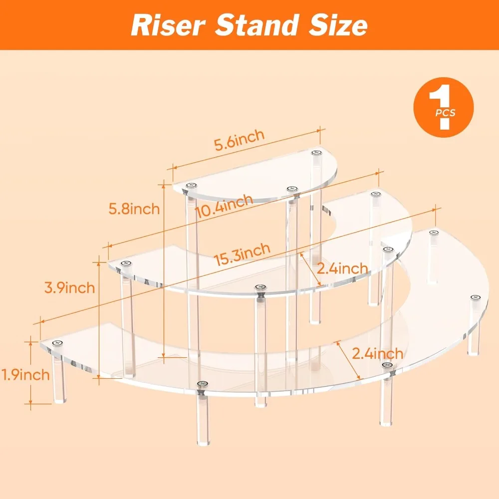 3-Tier Acrylic Display Riser, Half Moon Cupcake Stand, Clear Organizer for Desserts, Perfume, Collections