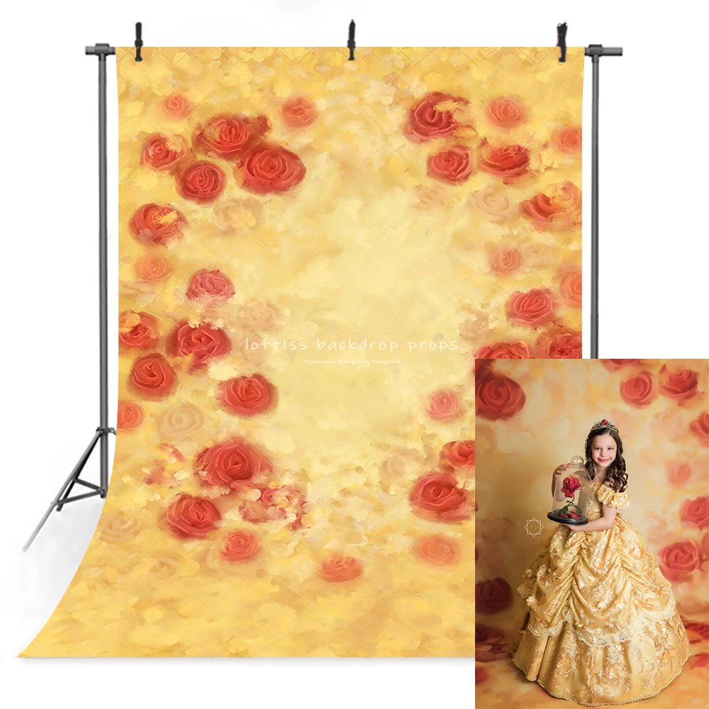 

Golden Red Rose Flower Backdrops Gril Photography Pregnant Woman Portrait Hand Painting Floral Background Adult Baby Photostudio