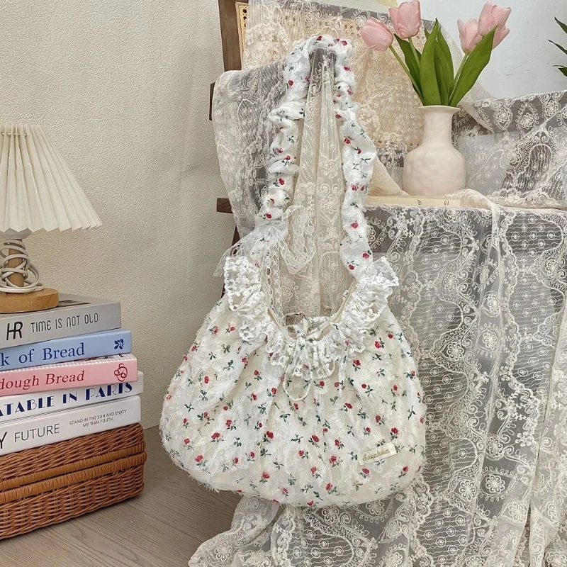 Beige Green Red Blue Pink Yellow Cherry Flower Ditsy Floral Lace Trim Shoulder Bag Ruffled Strap Bow Crossbody Hobo Cotton Purse