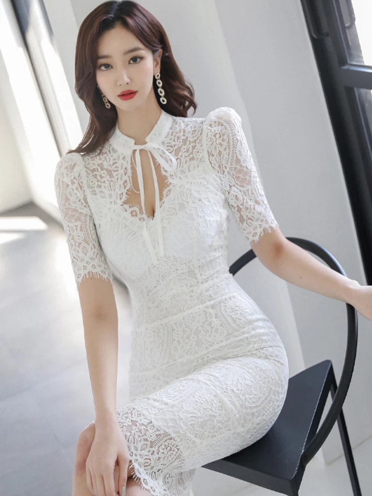 New Street Clothes Lace Evening Dress Women Ladies Elegant Chic Vintage Sexy Puff Sleeve Wrap Hip Midi Gown Mujer Vestido Fiesta