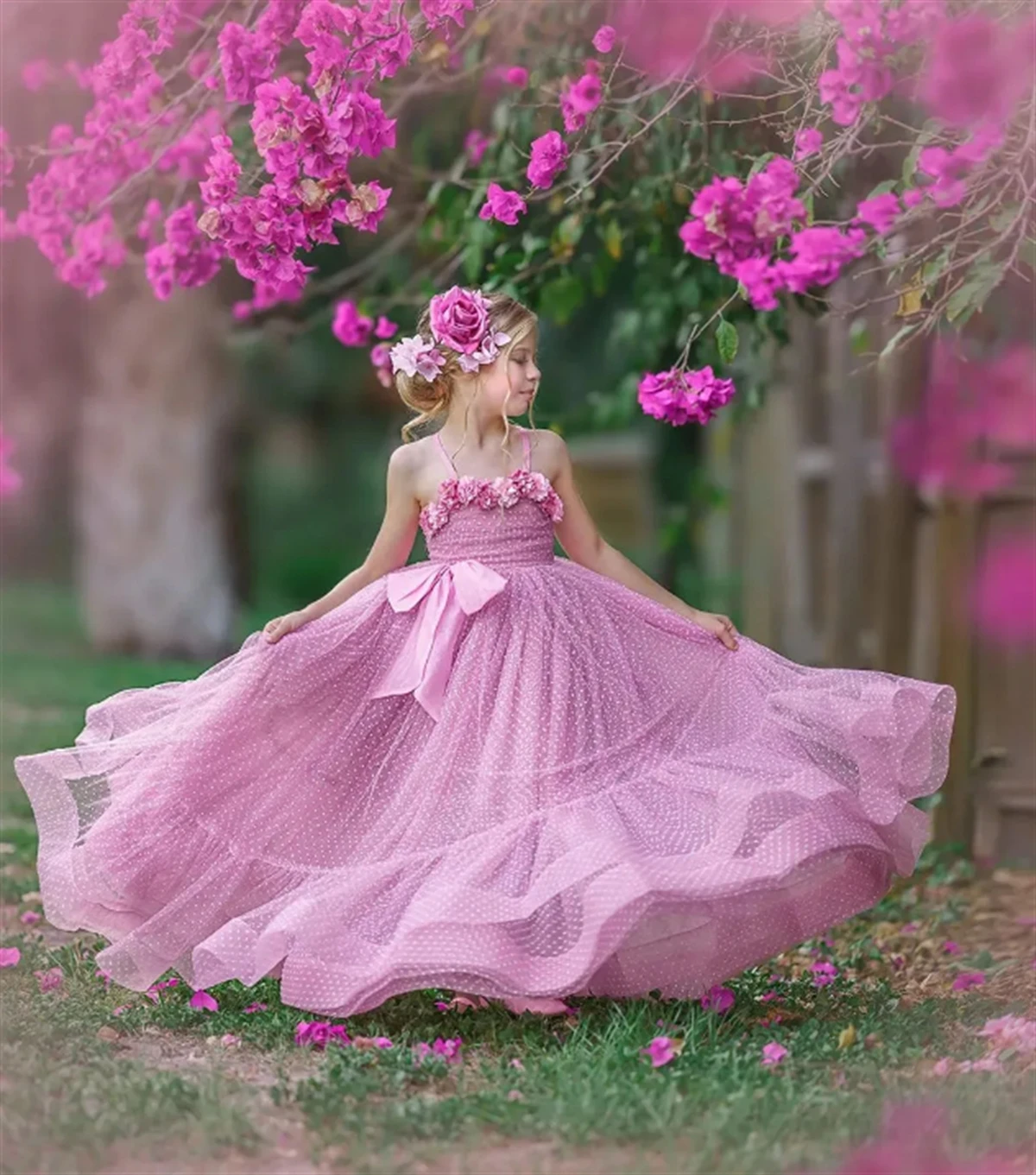 Vestidos de flores para niña, traje bohemio de playa con tirantes para boda, vestidos de desfile para niños pequeños, tul, apliques 3D, largo hasta el suelo, vestido de cumpleaños para niños