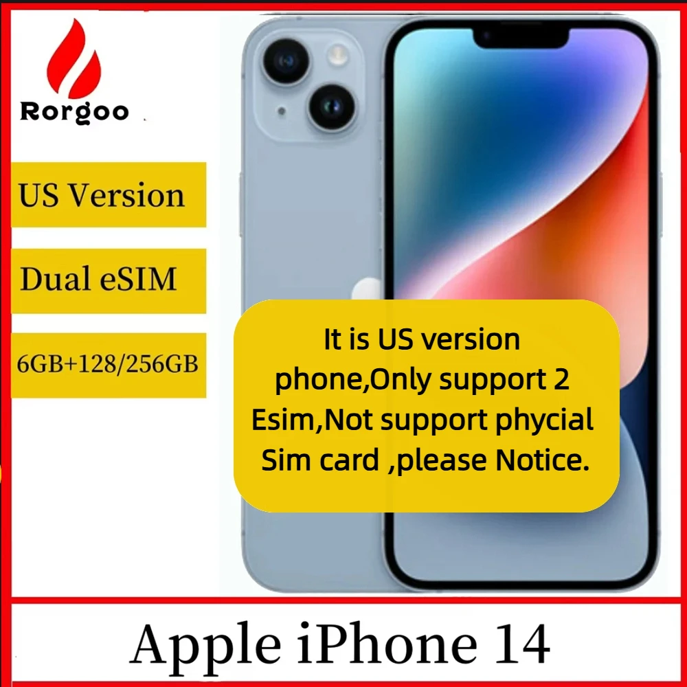 هاتف Apple iPhone 14 الإصدار الأمريكي الأصلي ثنائي eSIM 128GB 256GB 6GB RAM 6.1 "حقيقي سوبر ريتينا OLED Face ID NFC A15 5G مستعمل
