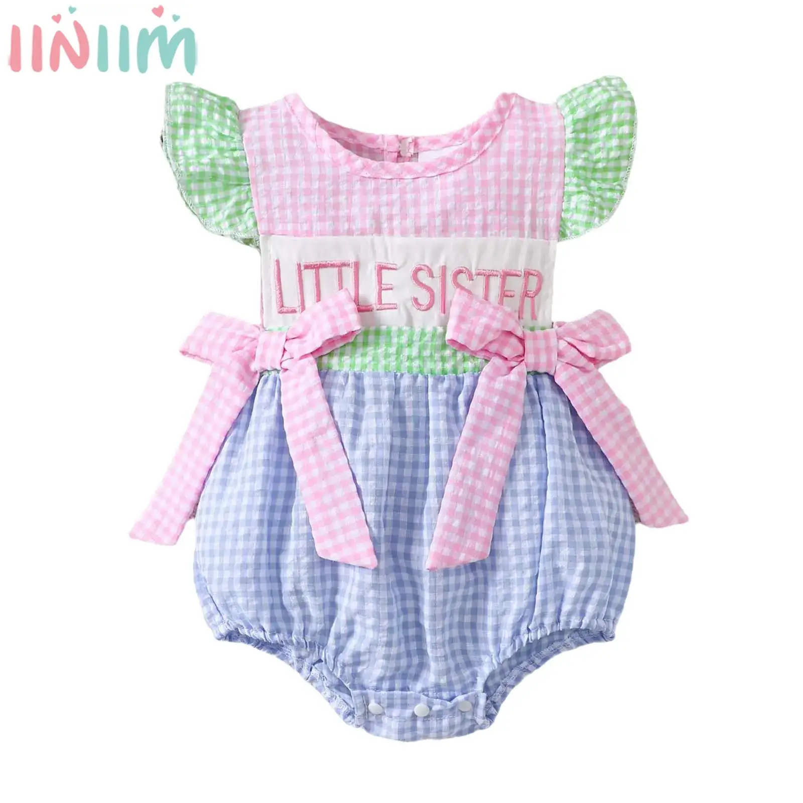 

Baby Girls Summer Cute Romper Ruffled Sleeve Bowknot Letter Embroidery Plaid Bodysuit for Daily Wear Birthday Party Photography