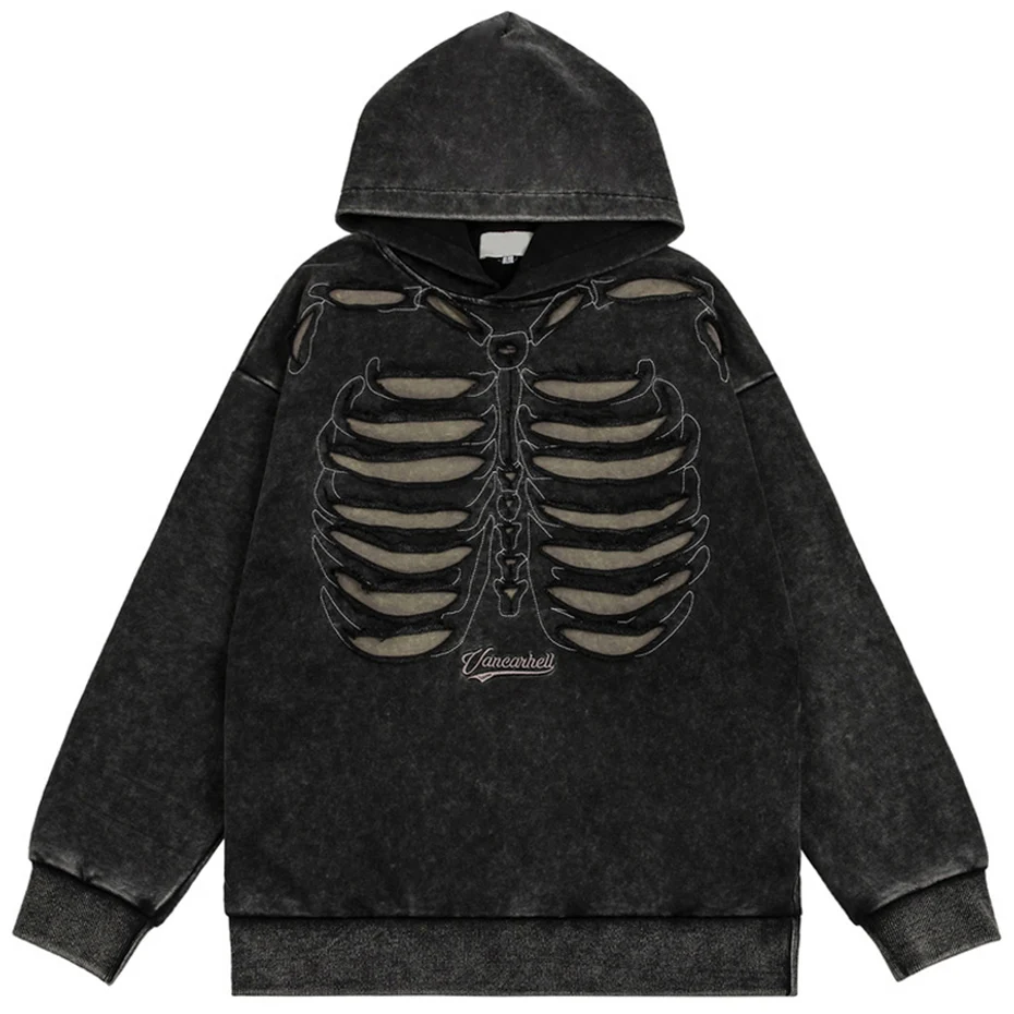 Punk Skeleton Ripped Hoodie for Men Washed Vintage Oversized Pullover Hoodies Hip Hop Streetwear Harajuku Y2K Hooded Sweatshirt