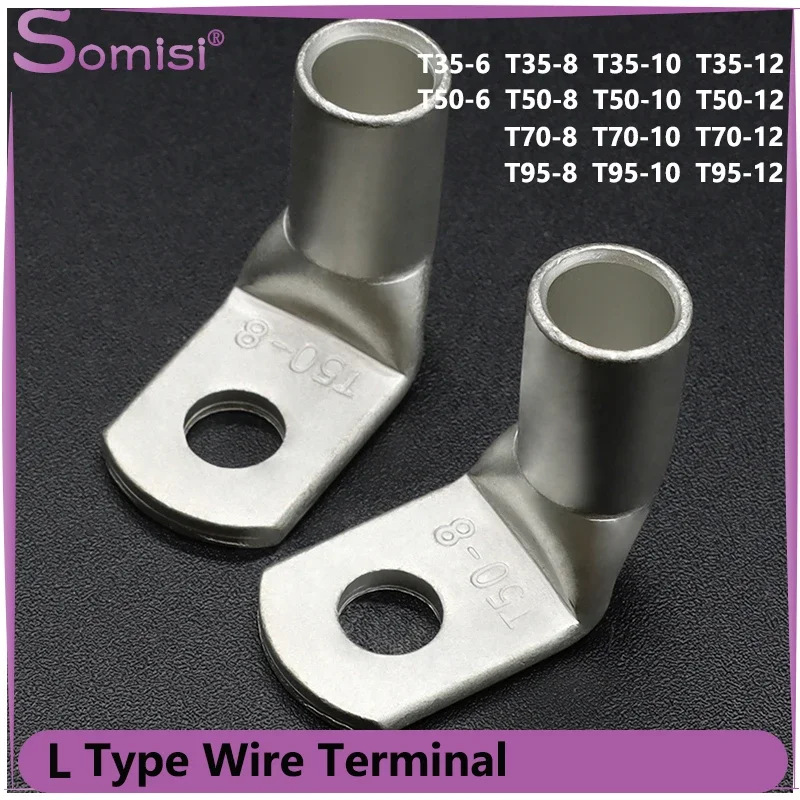 

1/5pcs L-type Wire Terminal Right Angle 90 Degree Bend Nose T35/50/70/95-6/8/10/12 Tinned Copper Crimp Connector Cable Lugs