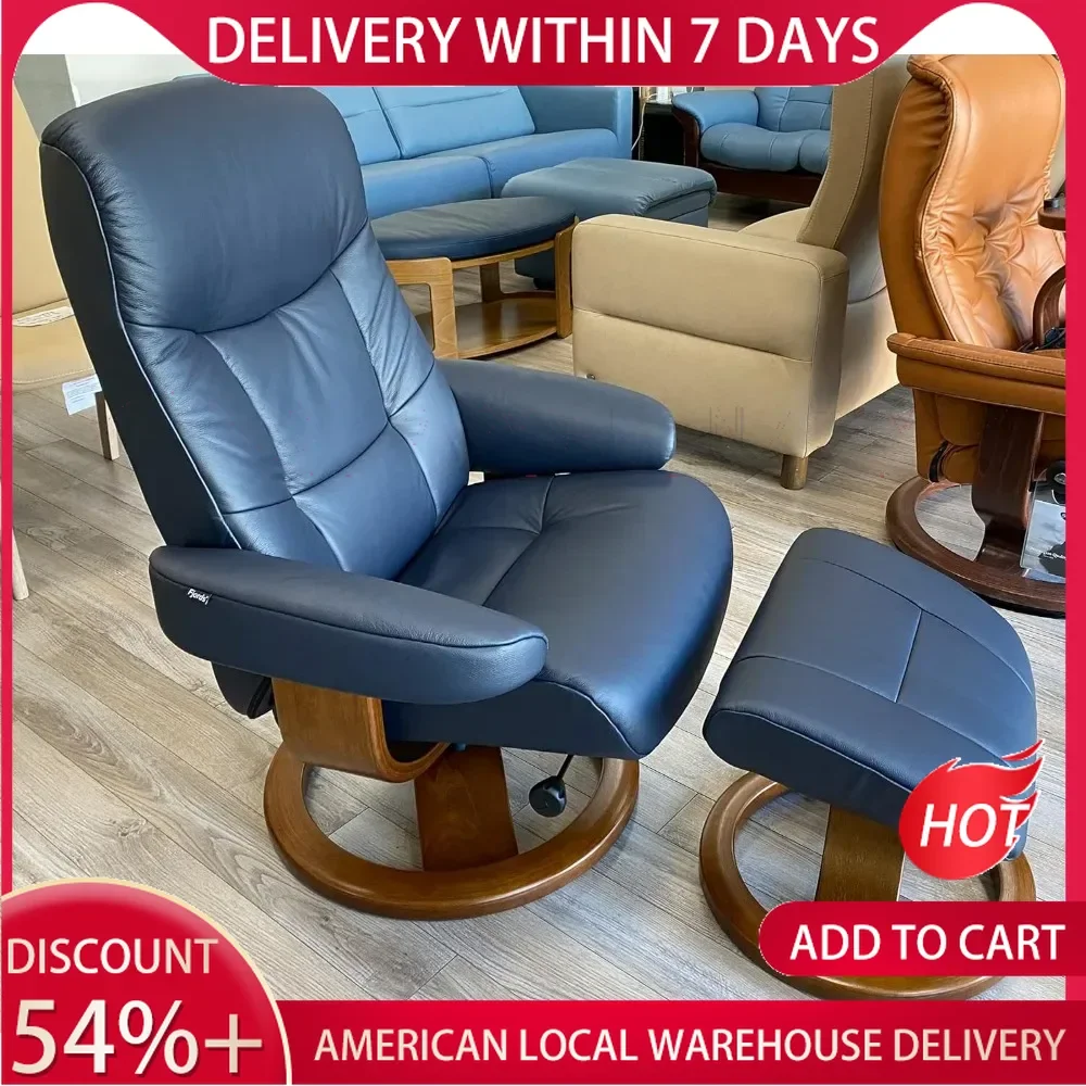 Leather Norwegian Ergonomic Scandinavian Lounge Reclining Chair，Navy Blue Leather Cherry Wood floor chair sofa  recliner chair