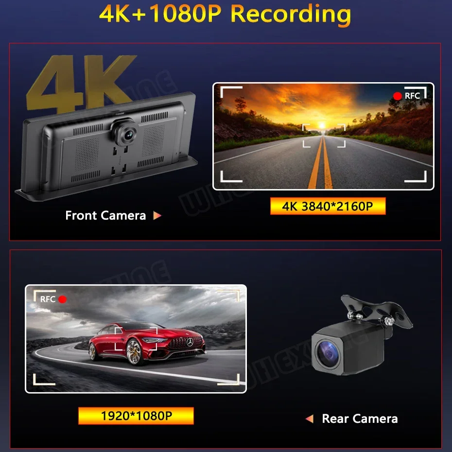 กล้องติดรถยนต์4K และกล้องหลัง1080P แบบไร้สายเครื่องเล่นติดรถยนต์ระบบแอนดรอยด์จีพีเอสหน้าจอ WIFI 5G เครื่องบันทึกวีดีโอรถยนต์ FM