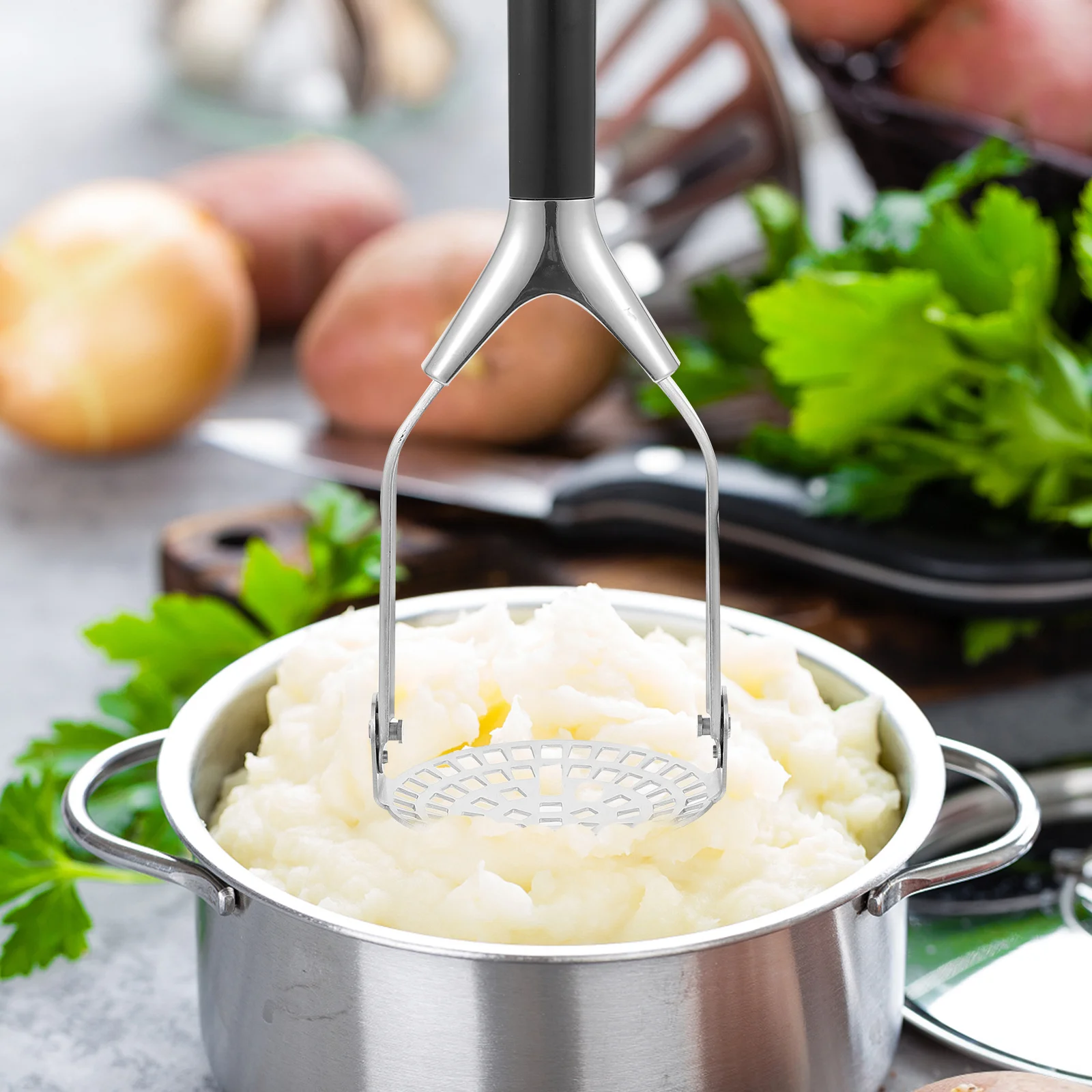 

1Pcs Stainless Steel Potato Crusher Manual Potato Masher Kitchen Flower Vegetable Fruit Puree Food Pressing Tool