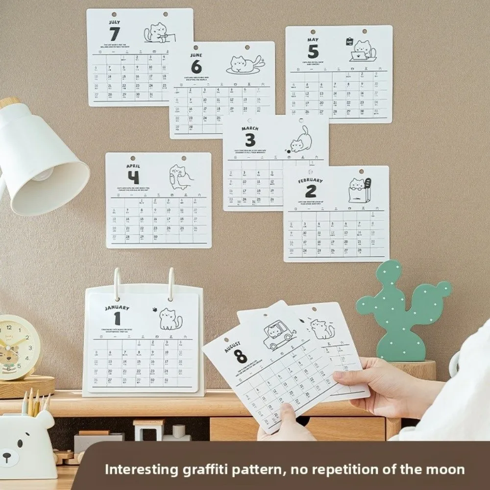 Plastic 2026 Desktop Calendar Cartoon Cat Pattern Daily Planner Stable Base Portable Standing Flip Calendar Office