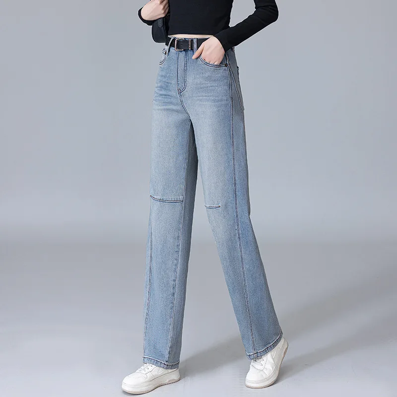 سروال Scimitar من قماش الدنيم باللون الأزرق الفاتح للنساء، سروال منجل مستقيم عالي الخصر للتخسيس متعدد الاستخدامات لفصل الربيع والخريف