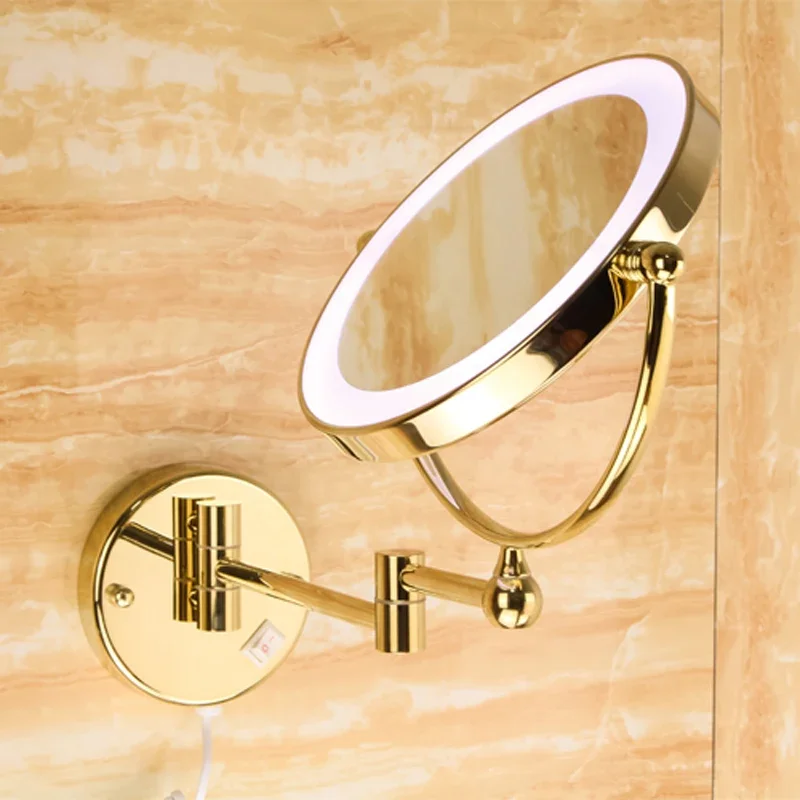 All-copper mirror wall-mounted folding telescopic household bathroom wall double-sided amplification with lights