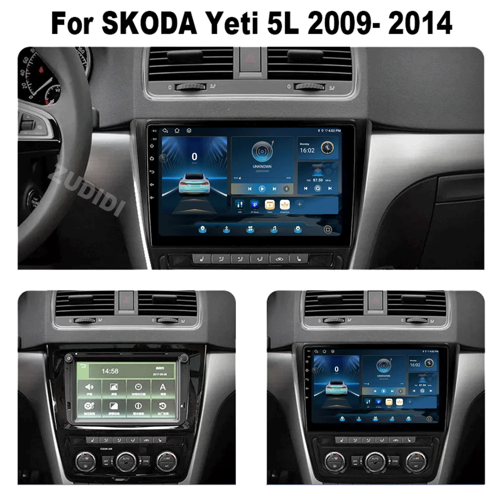 Android 16 For Skoda Yeti 5L 2009 2010 2011 2012 2013 2014 10 Inch 8-Core Car Radio Stereo with Frame Auto Apple Carplay QLED