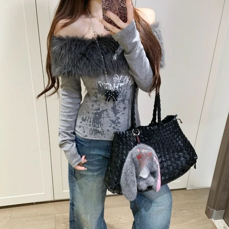 American Style Spicy Girl Faux Fur Tops Off Shoulder Long Sleeve Slim Fit Tops Woman Casual Sweet Korean Fashion Blouse