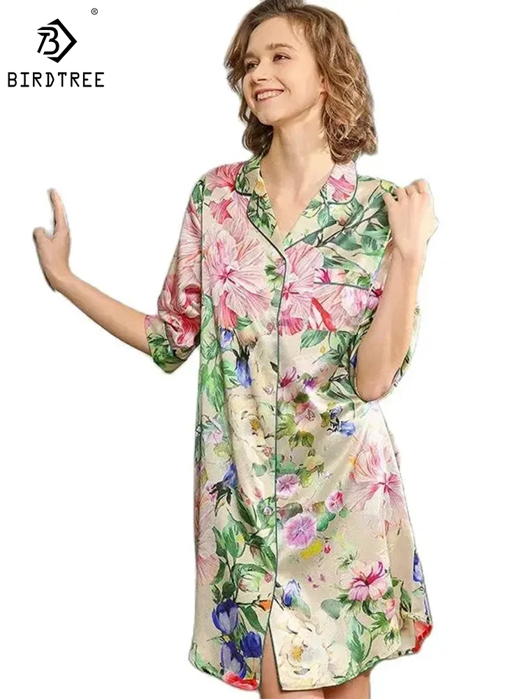 

Birdtree 19MM 93% Real Silk Nightgown for Women, Short Sleeve Flower, Skin Friendly Pajama Dress, 2024 Spring Sleepwear P42125QM