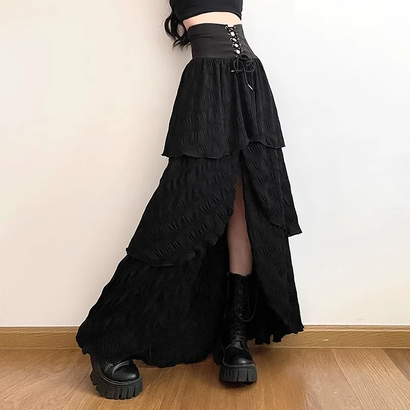 Cake Pleated Bandage Split Summer Solid Causal Women Skirts All Match High Waist Skirt Sexy Fashion Elegant Mujer Faldas