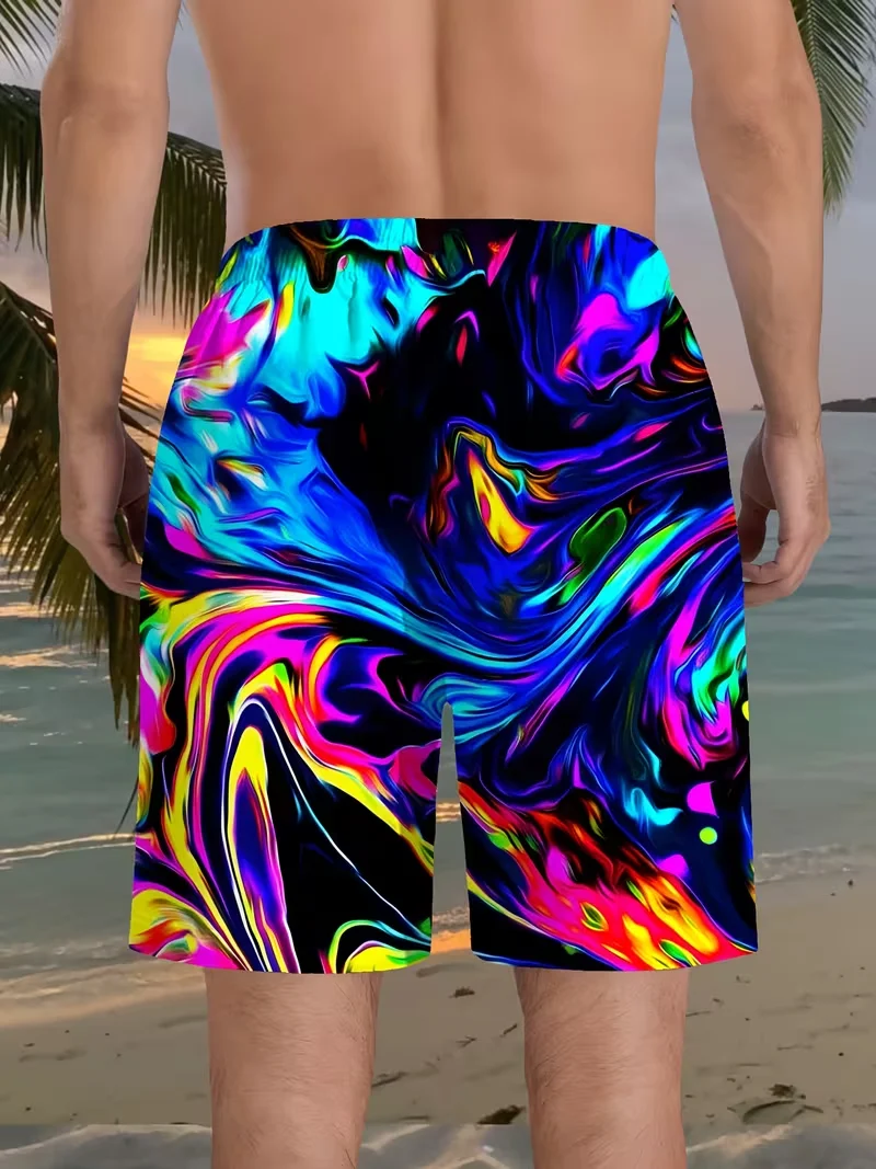 Sunshine Beach Neon Fluid Graffiti 3D Printed Beach Shorts, Quick-Dry Coastal Vacation Sports Casual Shorts