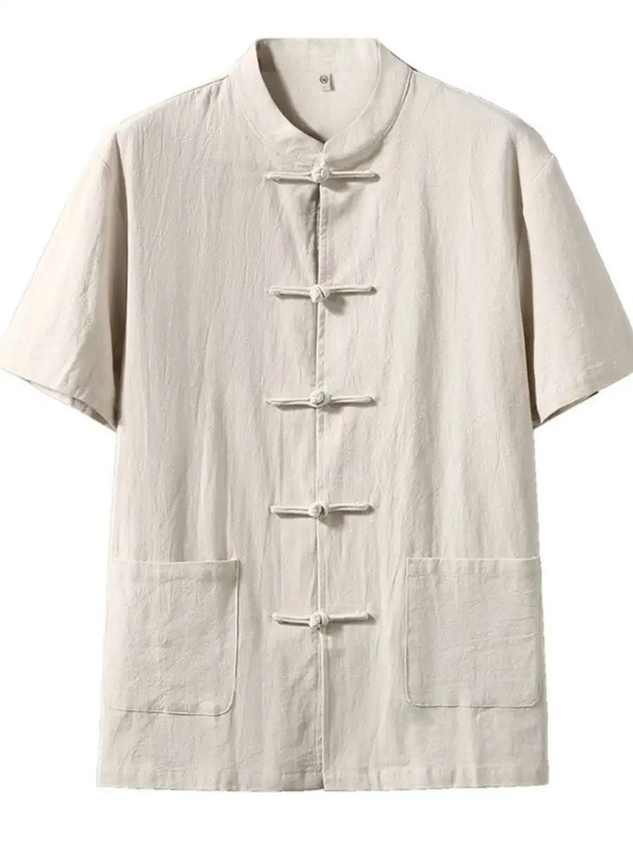 

New Summer Men's Cotton Linen irt Tang Costume ort Sve Stand Collar Button up Loose Fit Vintage Sle Casual Top