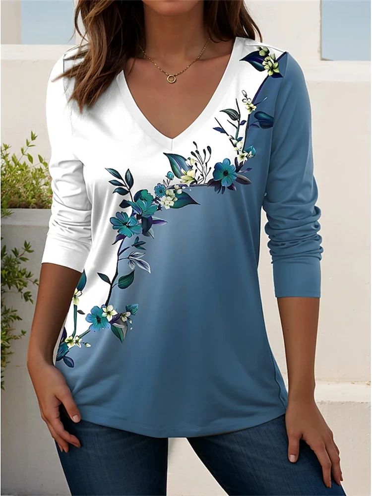 Women's Stylish Autumn Long-Sleeve V-Neck T-Shirt with Blue White Floral Print Paneling Chic Casual Work-to-Weekend Top