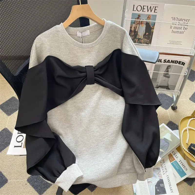 Plus Size Fake Two-piece Bow Patchwork Hoodies Spring Autumn New Solid Street Casual Pullovers Top Fashion Vintage Women Clothes