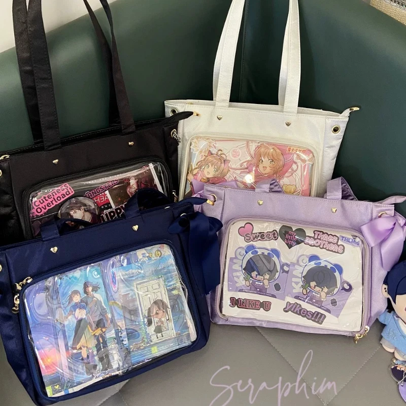 Anime Tote Bag Transparent Window Large Capacity Handbag for Women Bow Decor Harajuku Badge Display Shoulder Bag Cosplay Ita Bag