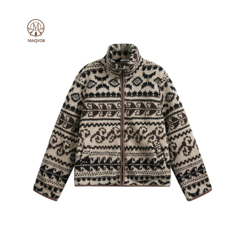

MAQVOB EU US Size Casual Fashion Retro Pattern Lamb Wool Fleece Jacket Men Trendy Brand Street Wear Loose Fit Casual Jacket