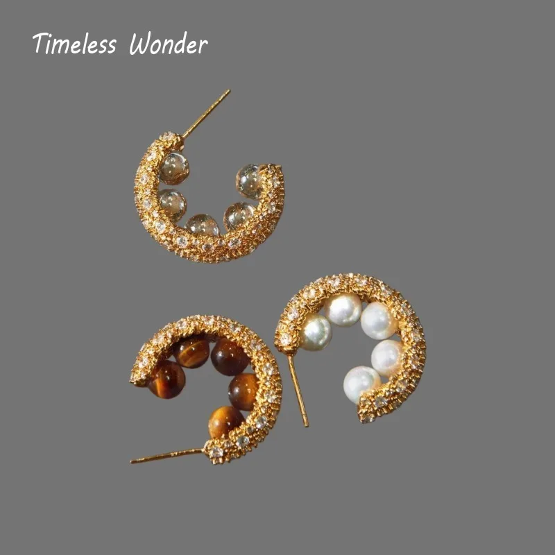 Timeless Wonder Fancy Zircon Crystal Tiger Eye Stone Geo Stud Earrings Women Designer Jewelry Trendy Gift Top Classy Neat 5133