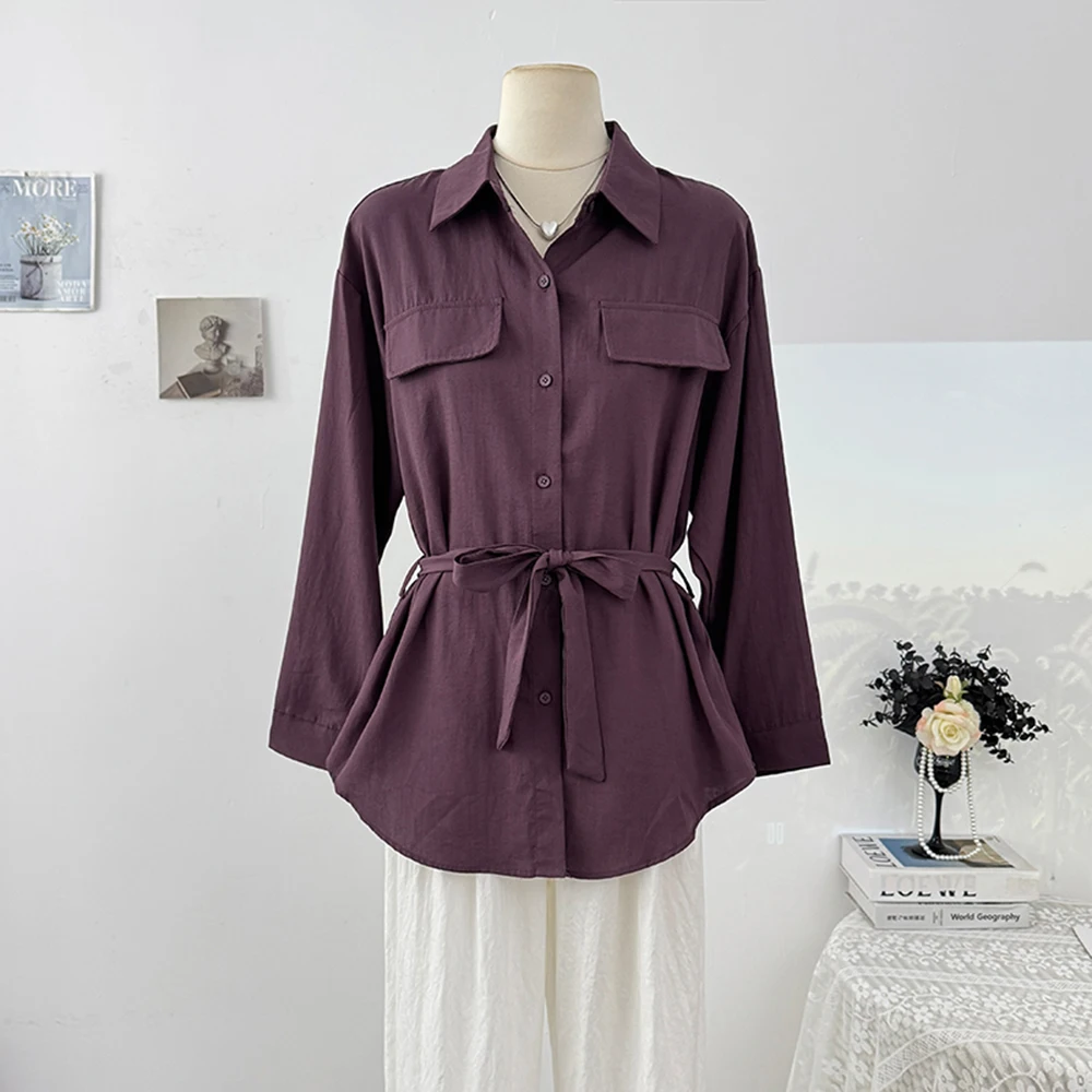 قميص نسائي مربوط بخصر واحد الصدر وياقة على شكل طية صدر وأكمام طويلة قميص عمل لخريف 2025 ملابس نسائية غير رسمية للتنقل #5