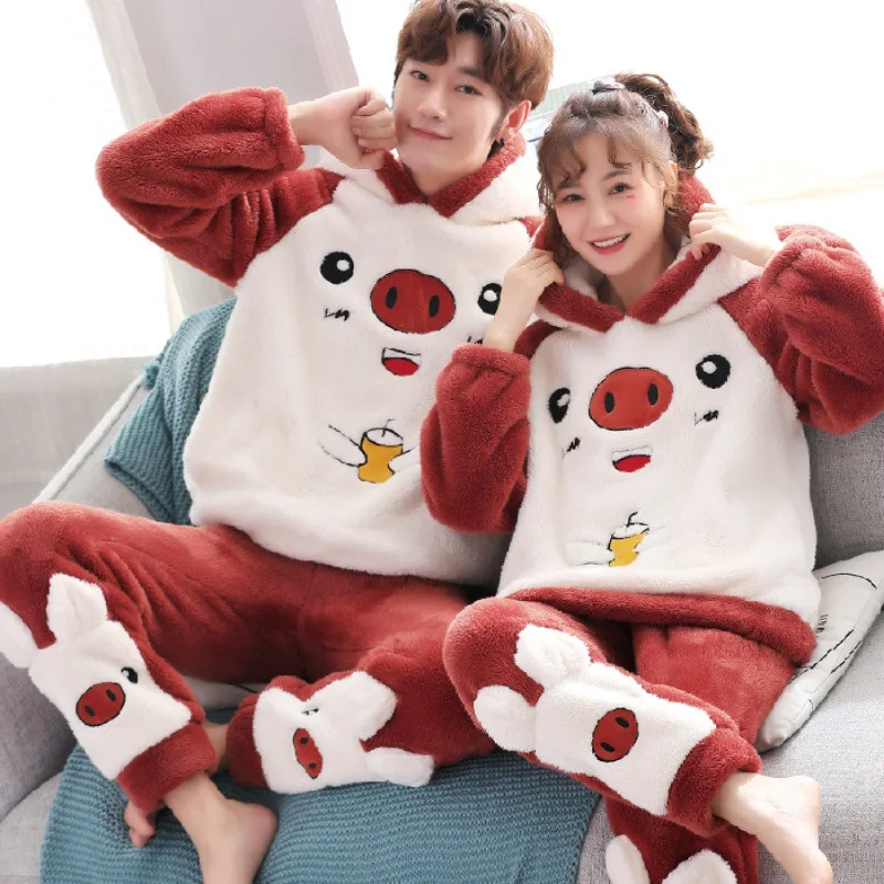Pijama grueso de dibujos animados para mujer y hombre, ropa de dormir cálida con capucha, de manga larga, de terciopelo, para estar en casa, para invierno