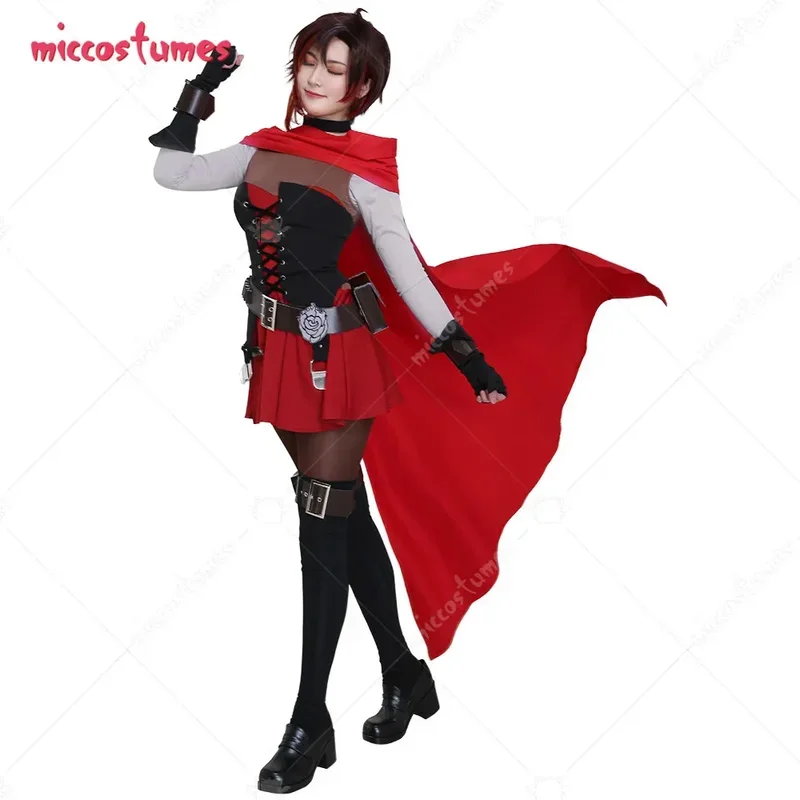 Miccostumes Women Red Rose Cosplay Costume with Cloak and Belts Set for Women Halloween Costumes