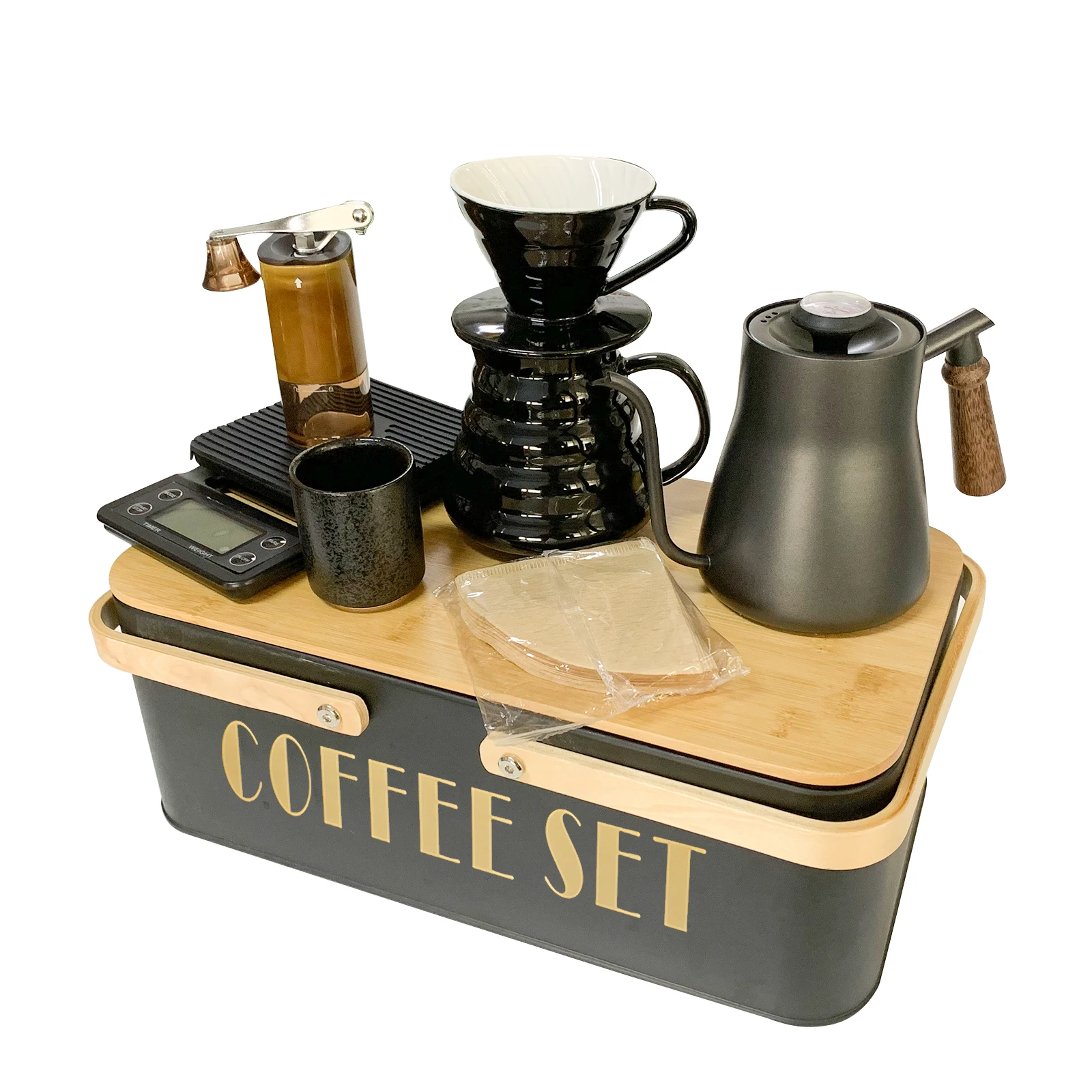 Luxury Coffeware Sets with Coffee Kettle Cup Grinder Filter Paper Dripper Server Pot Outdoor Camping Metal Gift Box Black