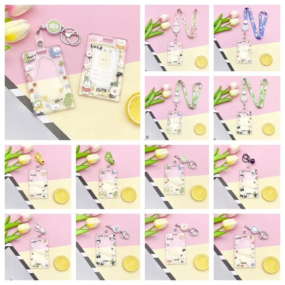 Rabbit Cartoon Acrylic Card Holder Panda Bear Rabbit Card Case With Lanyard Elastic Buckle Lanyard Bus Card Box Female/Students