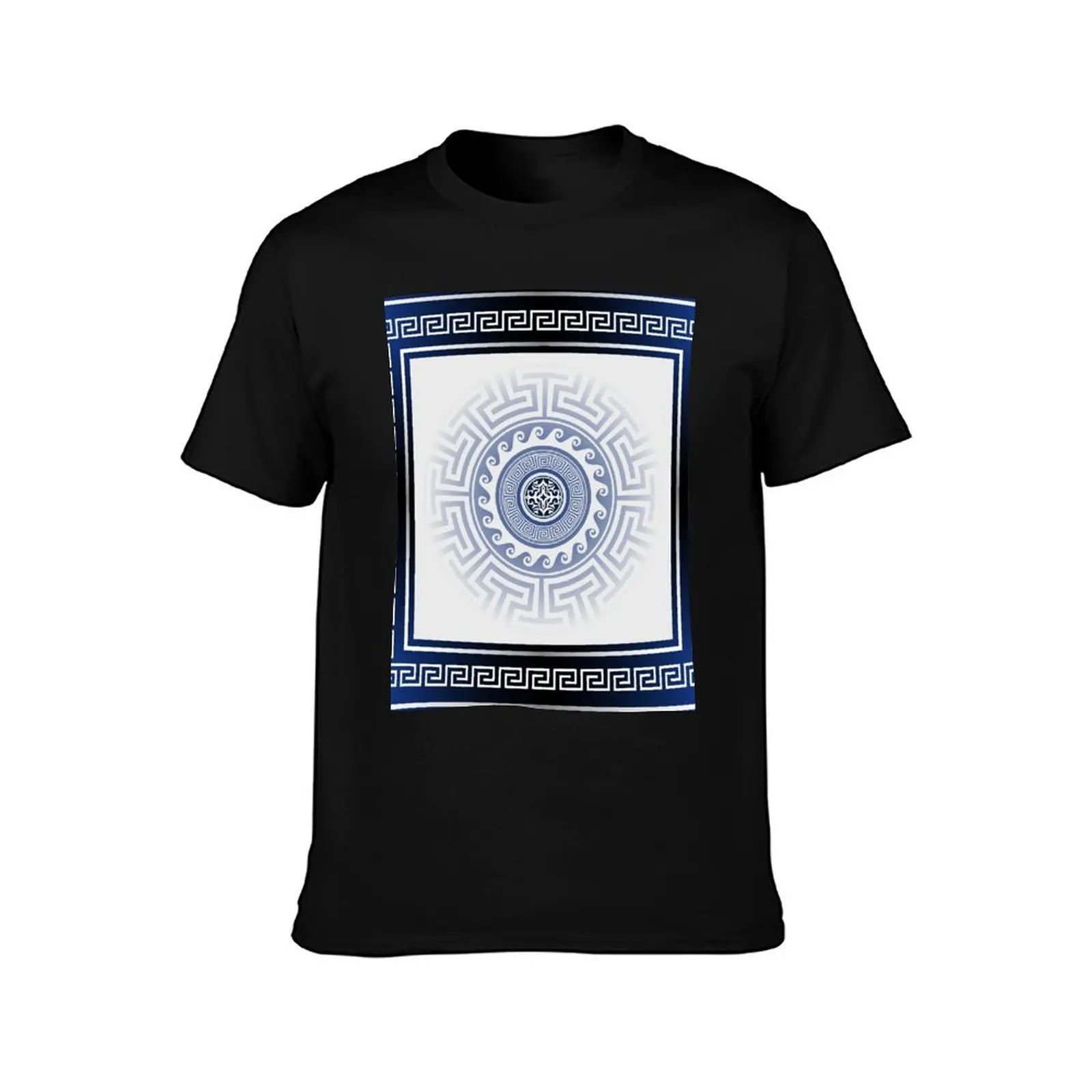 Greek Key Meander Blue White Silver T-Shirt anime clothes vintage heavy weight t shirts for men