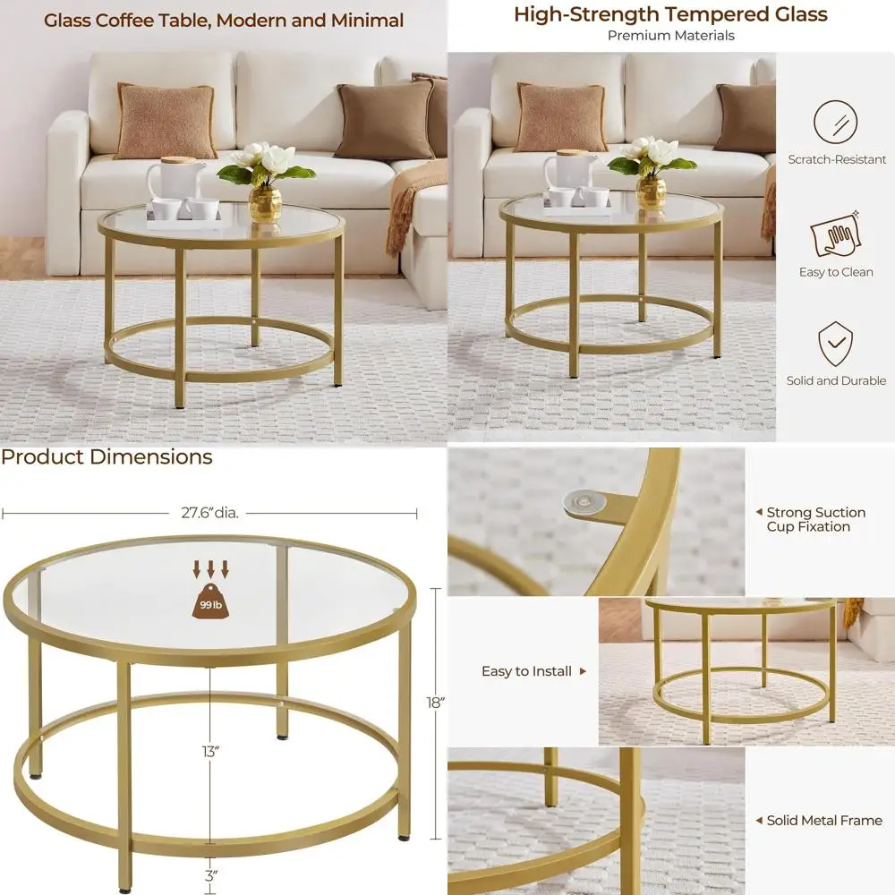 

Круглый журнальный столик из металла и стекла 27,6 дюйма для гостиной и офиса