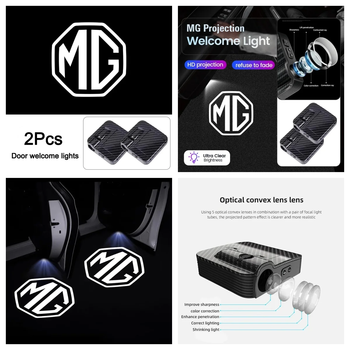 2Pcs MG HD LED Car Door Welcome Projection Lights Intelligent Sensing Fit MG ZS EV HS EHS PHEV MG3 MG4 MG5 MG6 MG7 GT ZR RX5 RX8