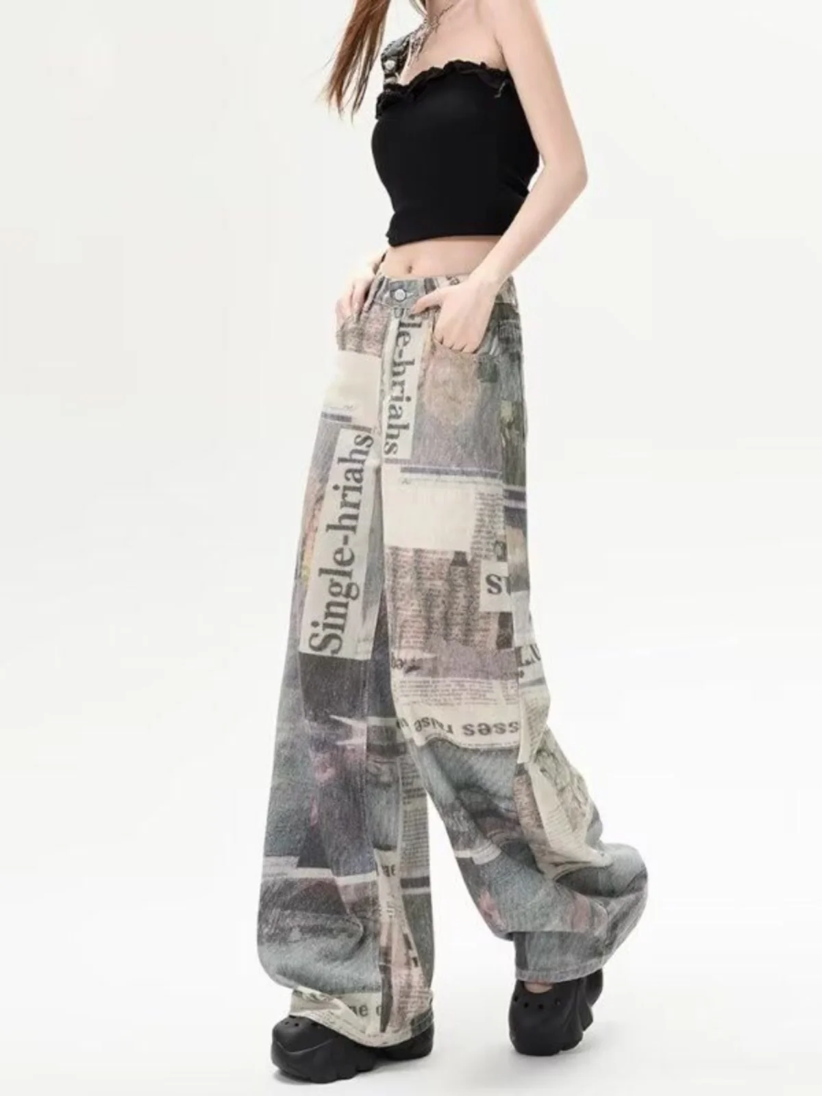 

Женские джинсы в стиле ретро в американском стиле High Street Sle, весна-лето, длинные прямые брюки с широкими штанинами длиной до пола, персонализированные новые брюки...