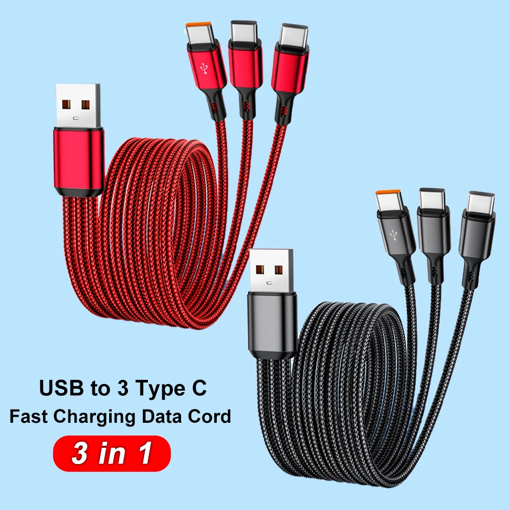 Cabos de carregamento rápido 3 em 1 de 100W 6A, USB para Tipo C, cabo de dados para celular Samsung, Huawei, Xiaomi, iPhone, carregamento rápido, cabo de dados USB-C