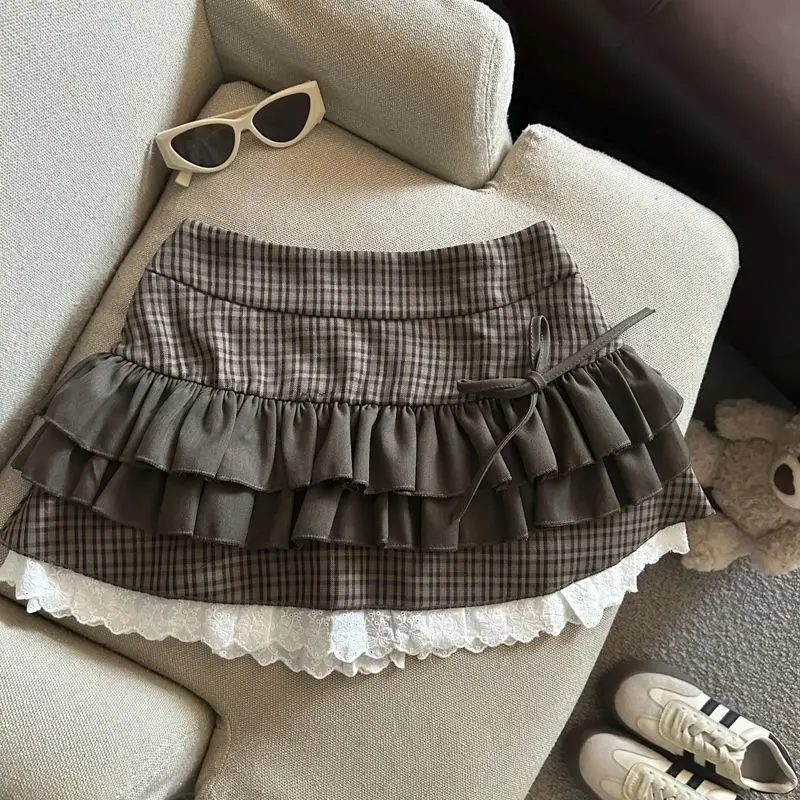 

Vintage Ruffled Lace Patchwork Contrasting Cake Skirt for Women in Autumn, Sweet and Girlish Butterfly Bow Short Skirt