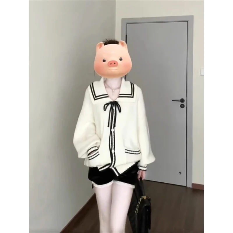 Lose Strickjacke frauen Sle Koreanische Navy Kragen Pullover Mantel mit Knoten Herbst Winter Abnehmen Farbe Blo Top