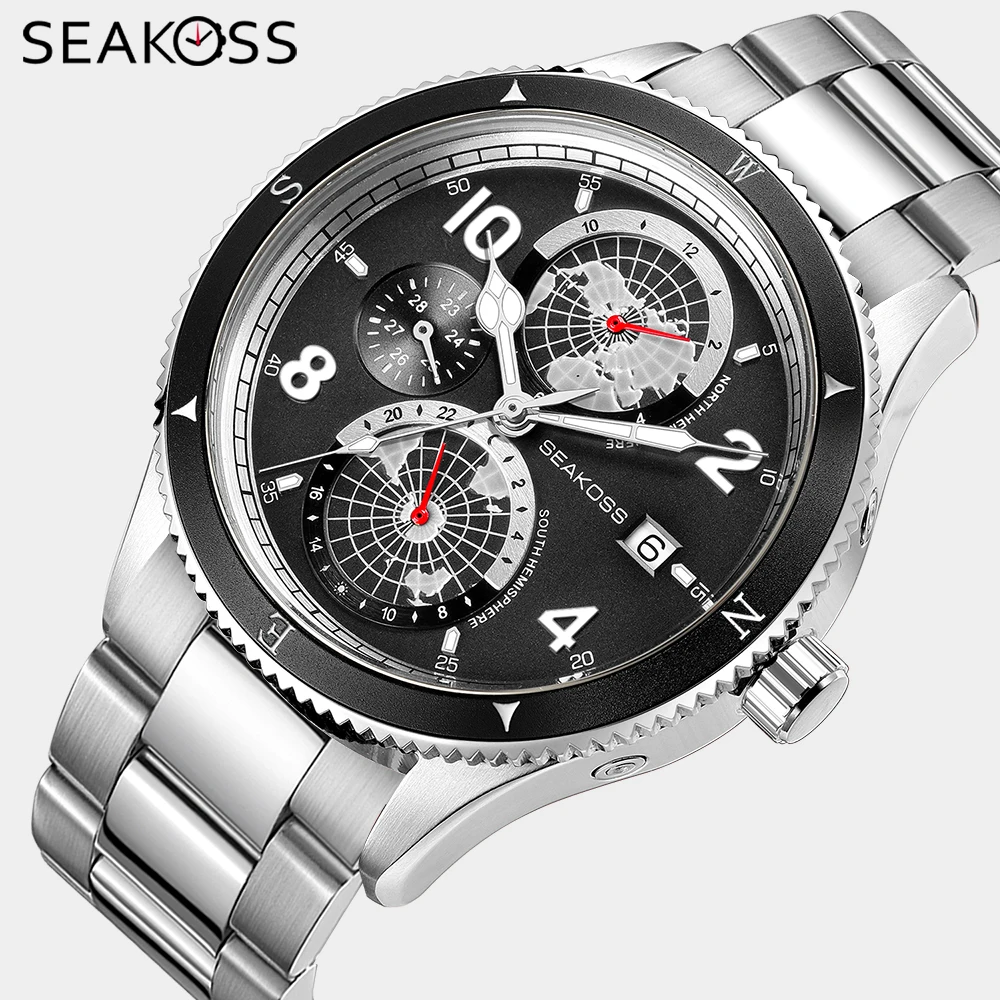 

SEAKOSS Sud Nord Hemispheres Fully Automatic Mechanical Watch Year Month 24Hour Display FKM Strap Super Luminous Dive Wristwatch