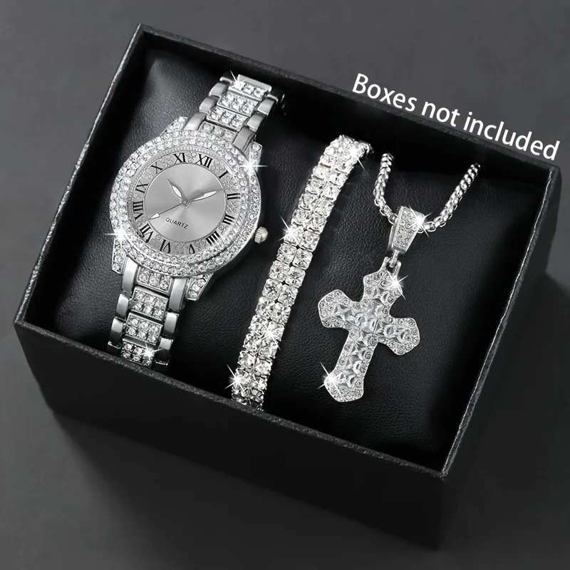 طقم ساعات كوارتز نسائية أنيقة مع لهجات حجر الراين وقلادة وسوار متقاطع - هدية مثالية للأم أو الصديقة