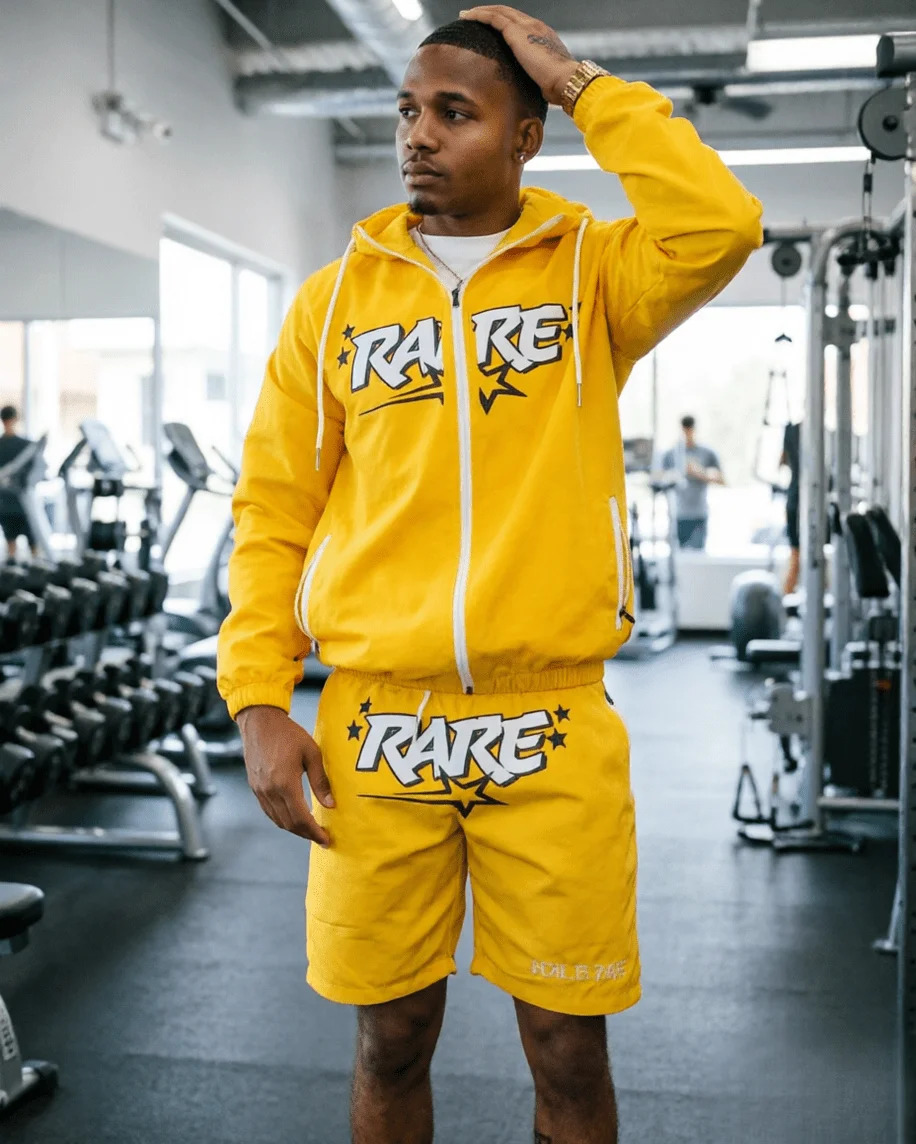 

Yellow Graphic Print Zip-Up Hoodie And Matching Shorts Set For Men Street Style Casual Two Piece Outfit